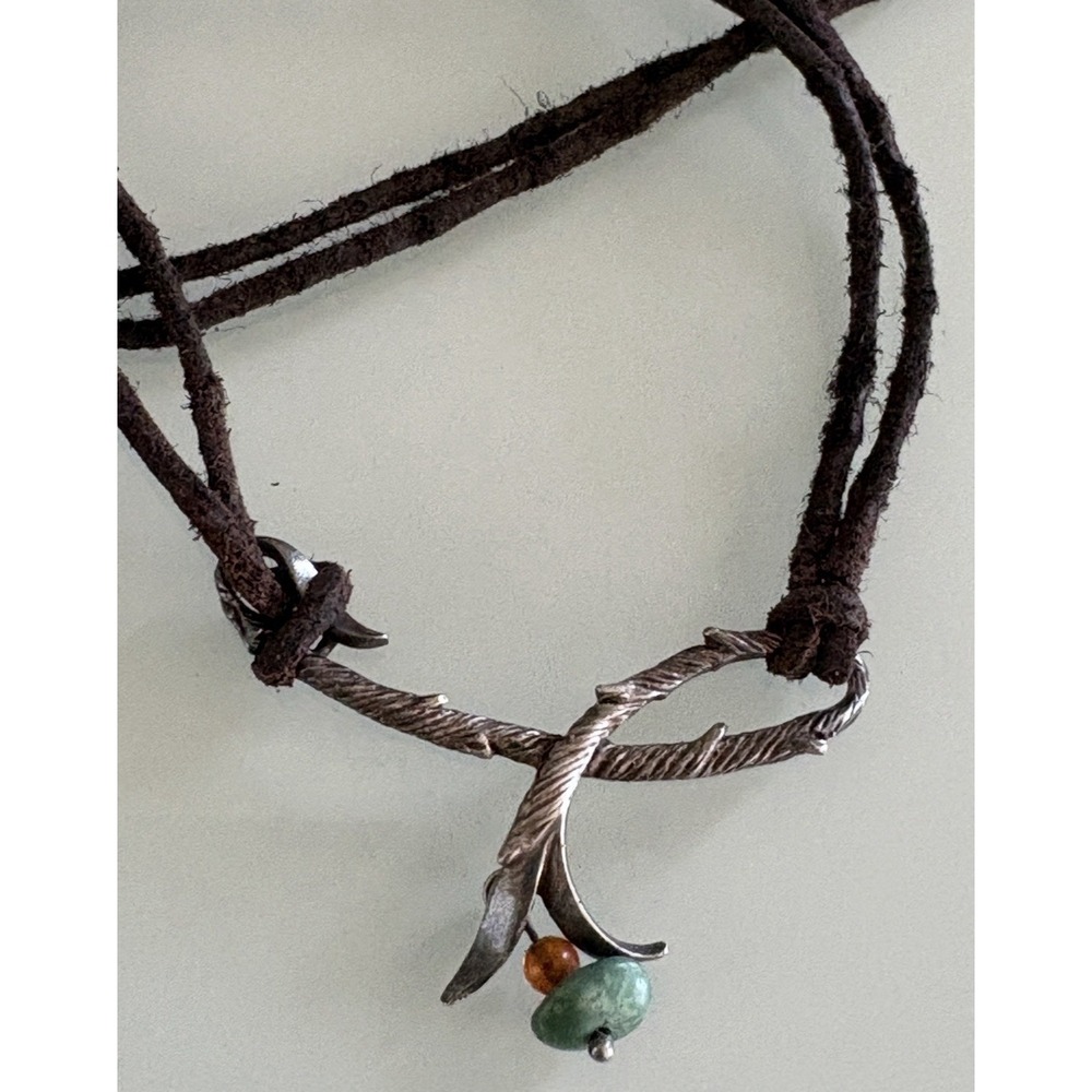 Sterling Silver Necklace 925 Artisan Made Branch Turquoise & Amber Stone 17"